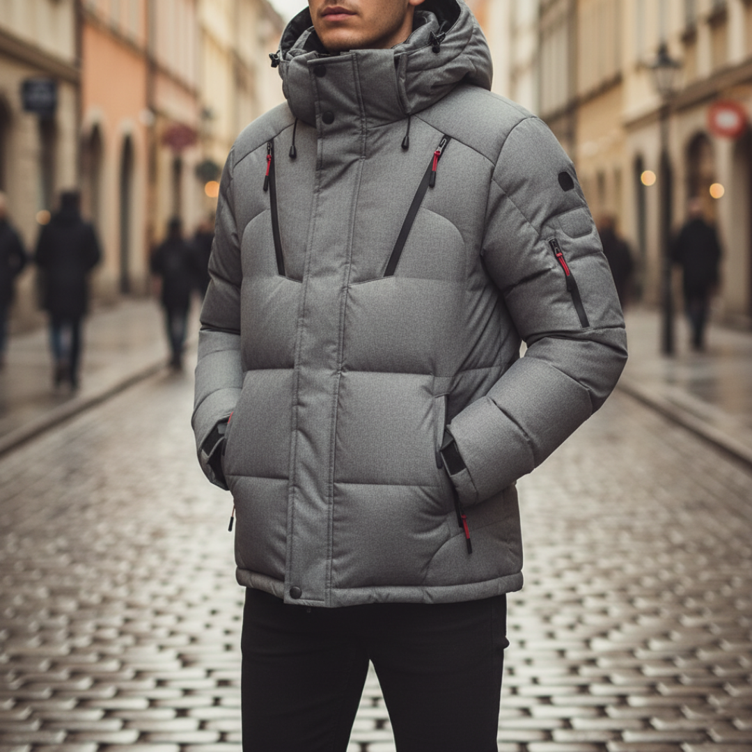 Winter down jacket for men with hood and zipper | Vestea
