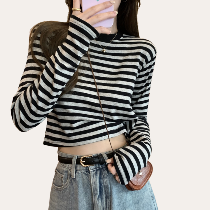 Damen Gestreiftes Langarmshirt Kurz Geschnitten | Vestea