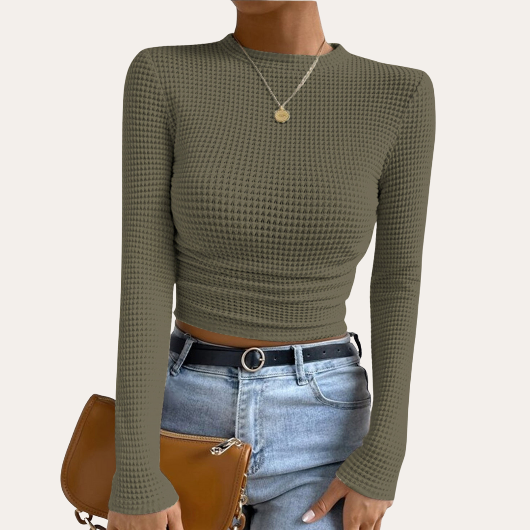 Damen Langarm Crop Top Rippenstrick Figurbetont | Vestea