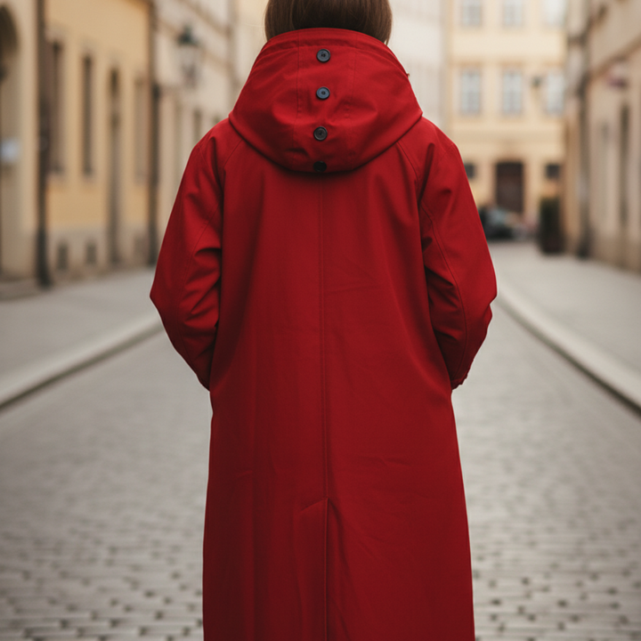 Damen Regenmantel Rot Kapuzenmantel Lang |  Vestea