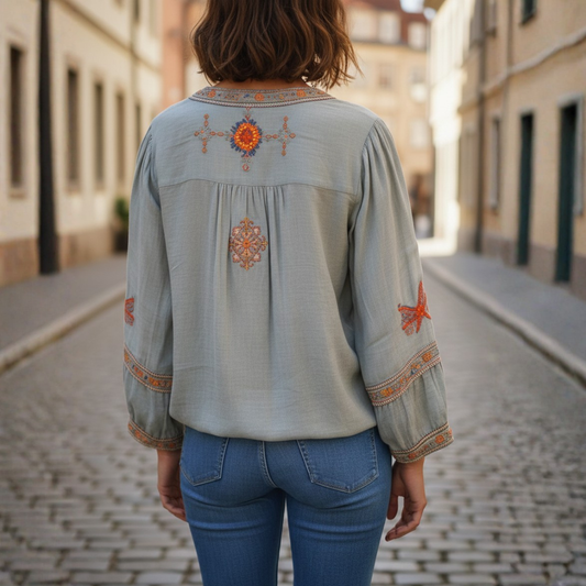 Peasant Blouse V Neck Embroidered Long Sleeve Light Blue Womens