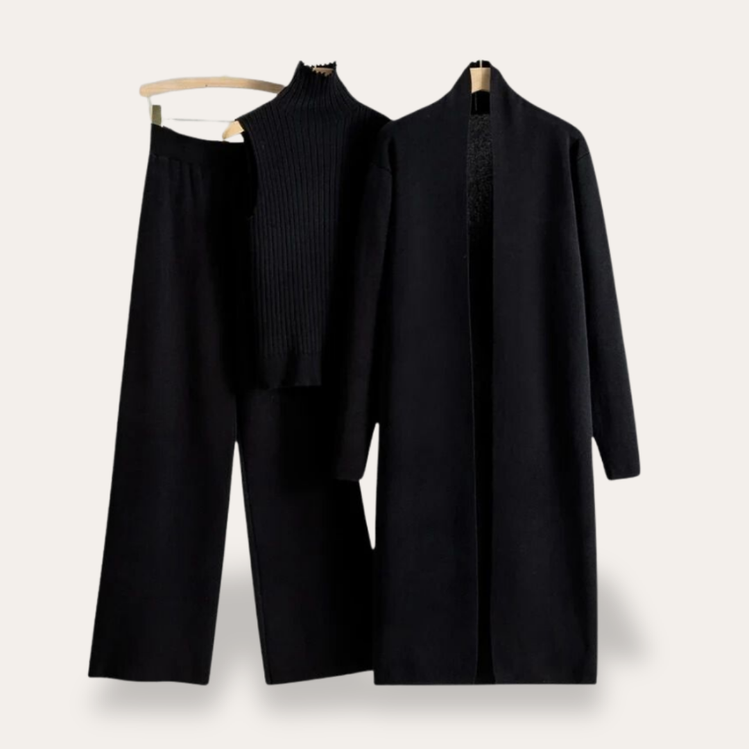 Damen Strick Set 3-teilig mit Mantel aus Feinstrick | Vestea