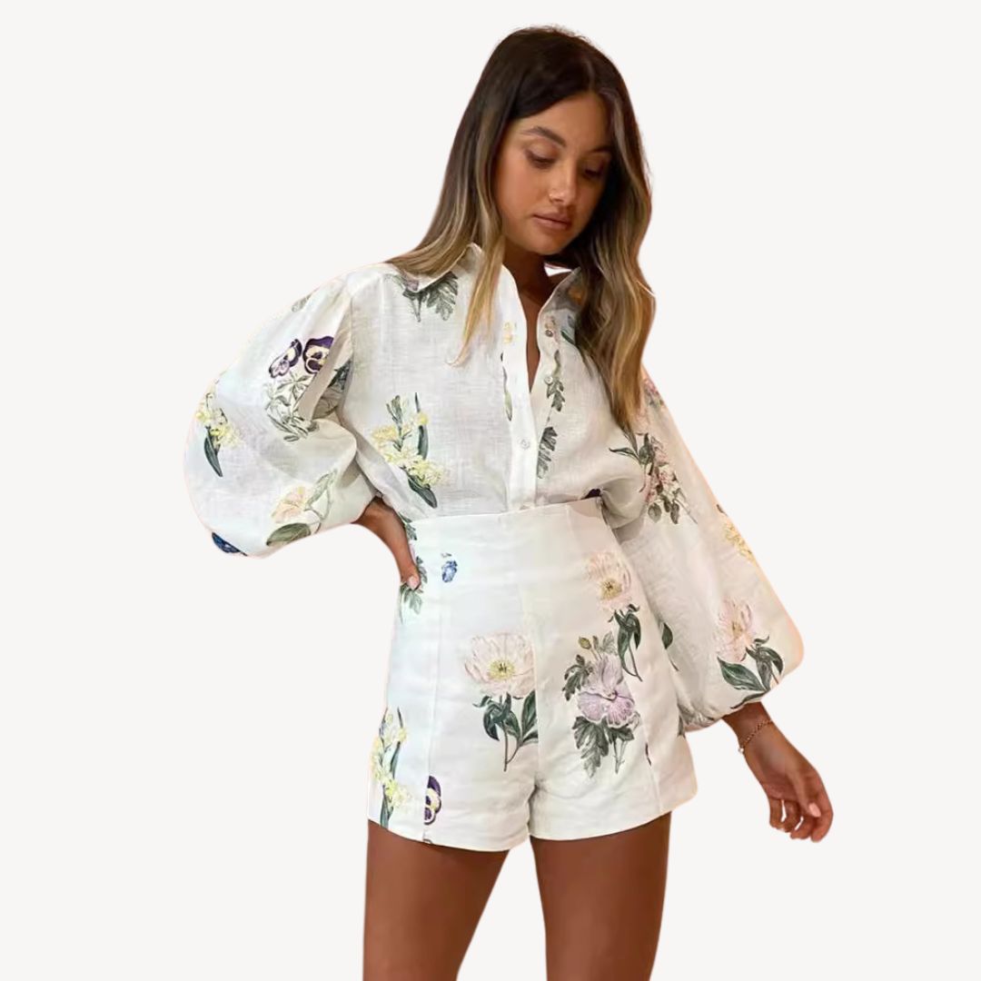 Damen Blumen Leinen Shorts Set Geknöpft | Vestea