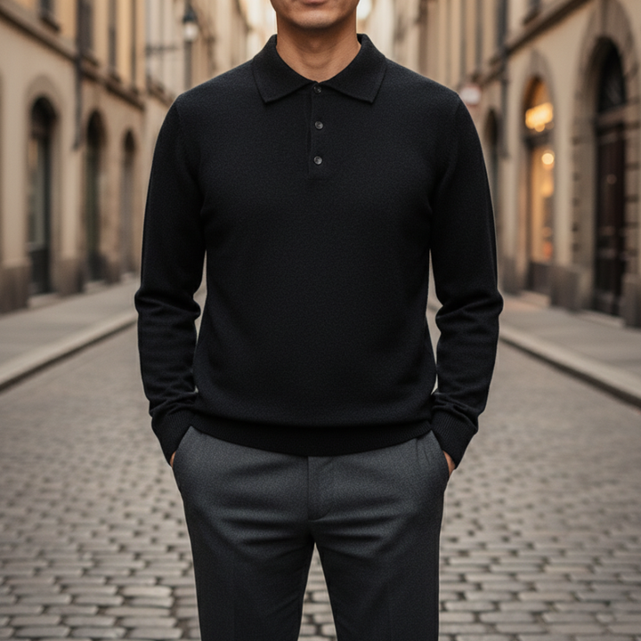 Camiseta de punto para hombre con cuello tipo polo y manga larga