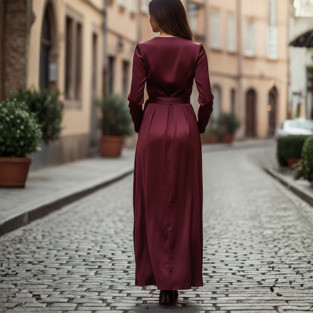 Robe midi portefeuille en satin bordeaux pour femme