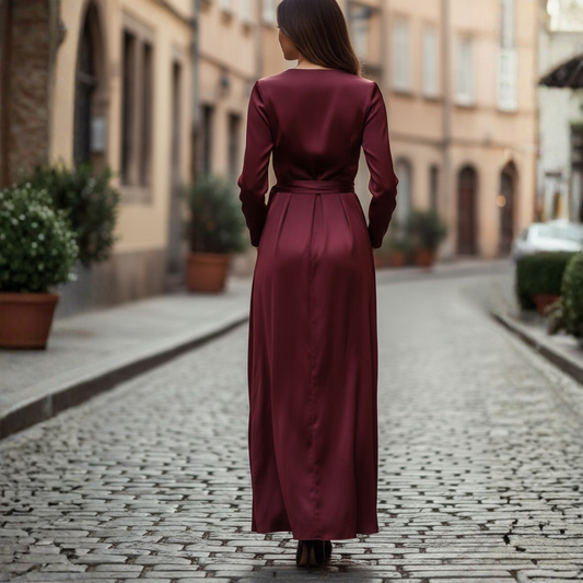 Women Burgundy Satin Wrap Midi Dress