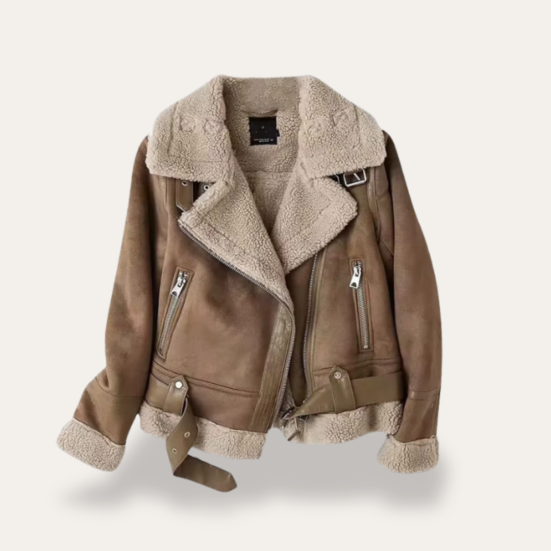 Damen Bikerjacke Kunstleder Teddyfutter Reißverschluss Gürtel | Vestea