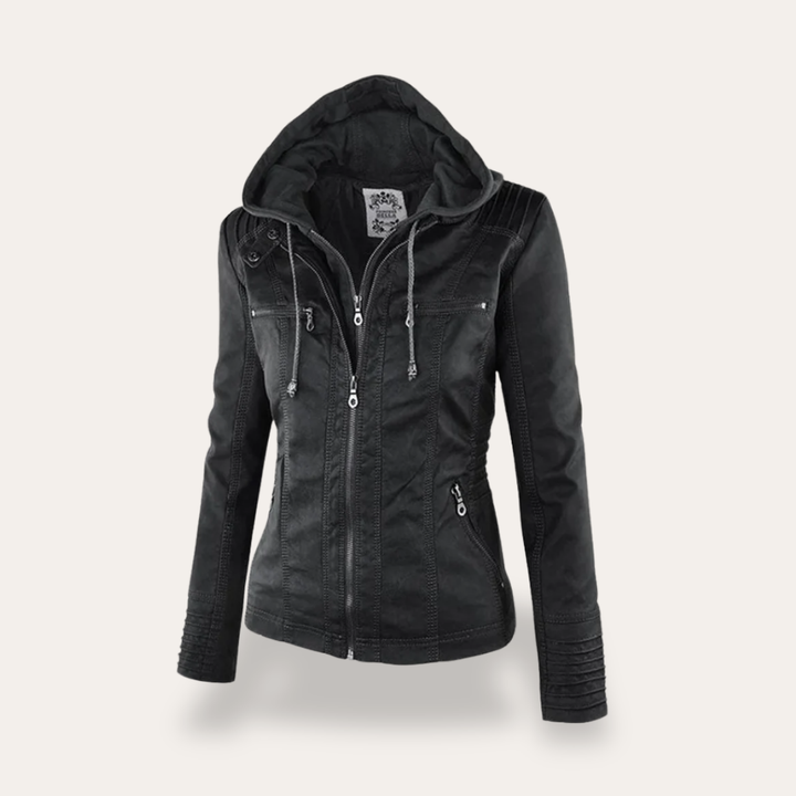 Damen Lederjacke mit Kapuze im Biker Stil | Vestea