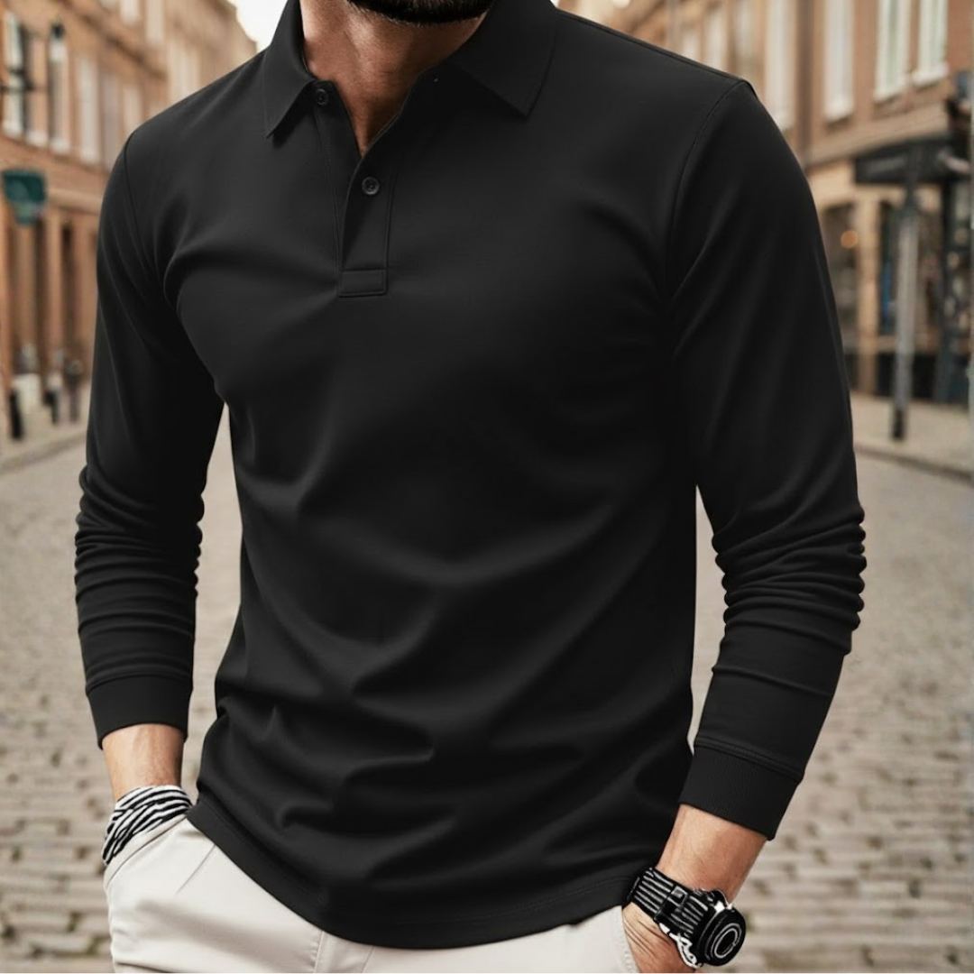 Mens long sleeve polo shirt solid color loose fit polyester fabric