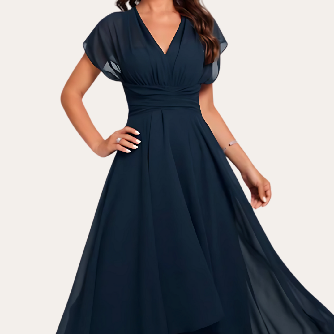Damen Chiffon Kleid mit V-Ausschnitt und Flügelärmeln  Abendkleid | Vestea