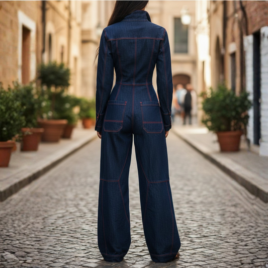 Denim Jumpsuit Long Sleeve Zip Front Wide Leg Women Blue
