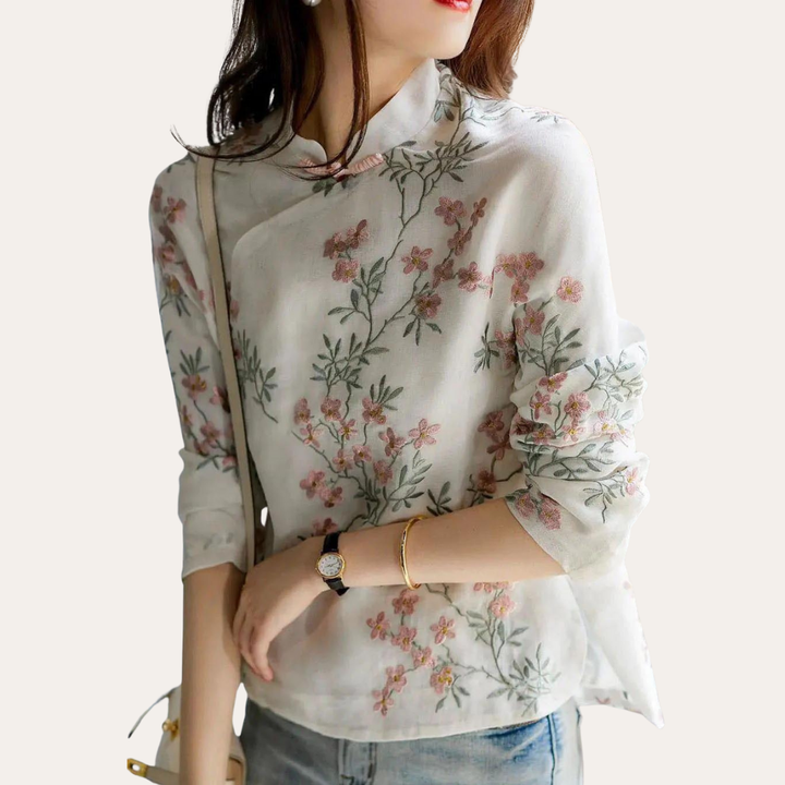 Damen Bluse Leinen Stickerei Langarm Stehkragen Frühling Top Elegant | Vestea