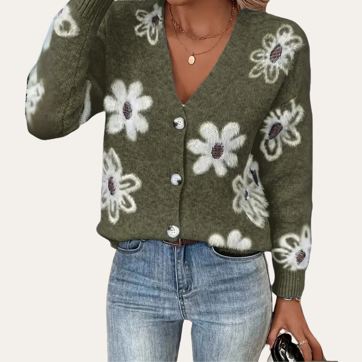 Damen Strickjacke Mixmaterial Blumenmuster | Vestea