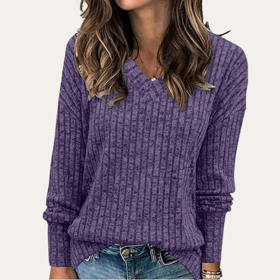 Damen Strickpullover V-Ausschnitt Langarm Rippmuster Freizeitshirt | Vestea
