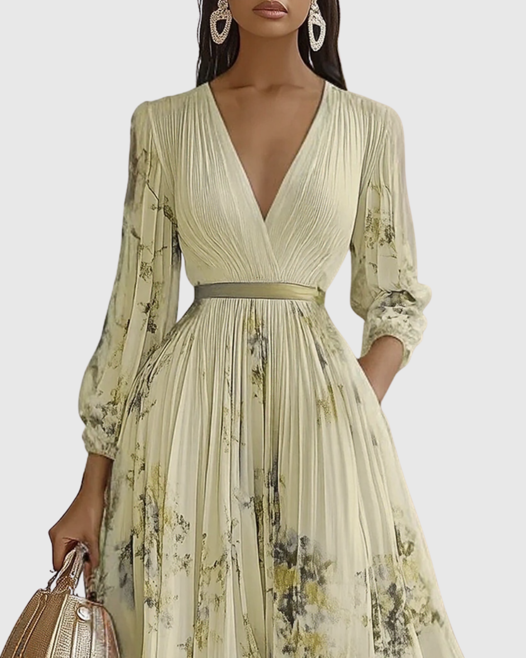 Vestido Maxi para Mujer de Satén Plisado con Escote en V, Manga Larga y Cintura Ajustable