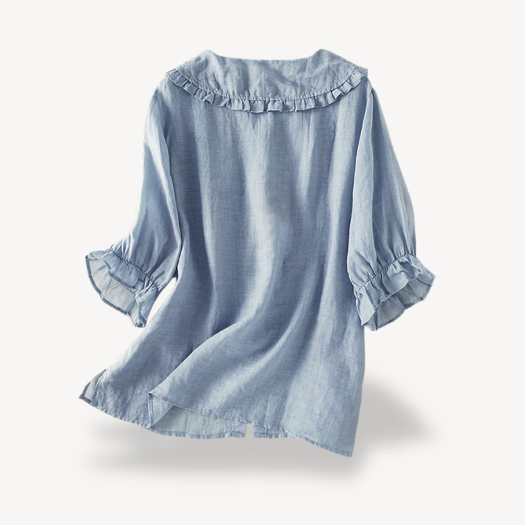 Vestea | Damen Leinenbluse mit Rüschenkragen – 3/4-Ärmel, Atmungsaktiv & Leicht