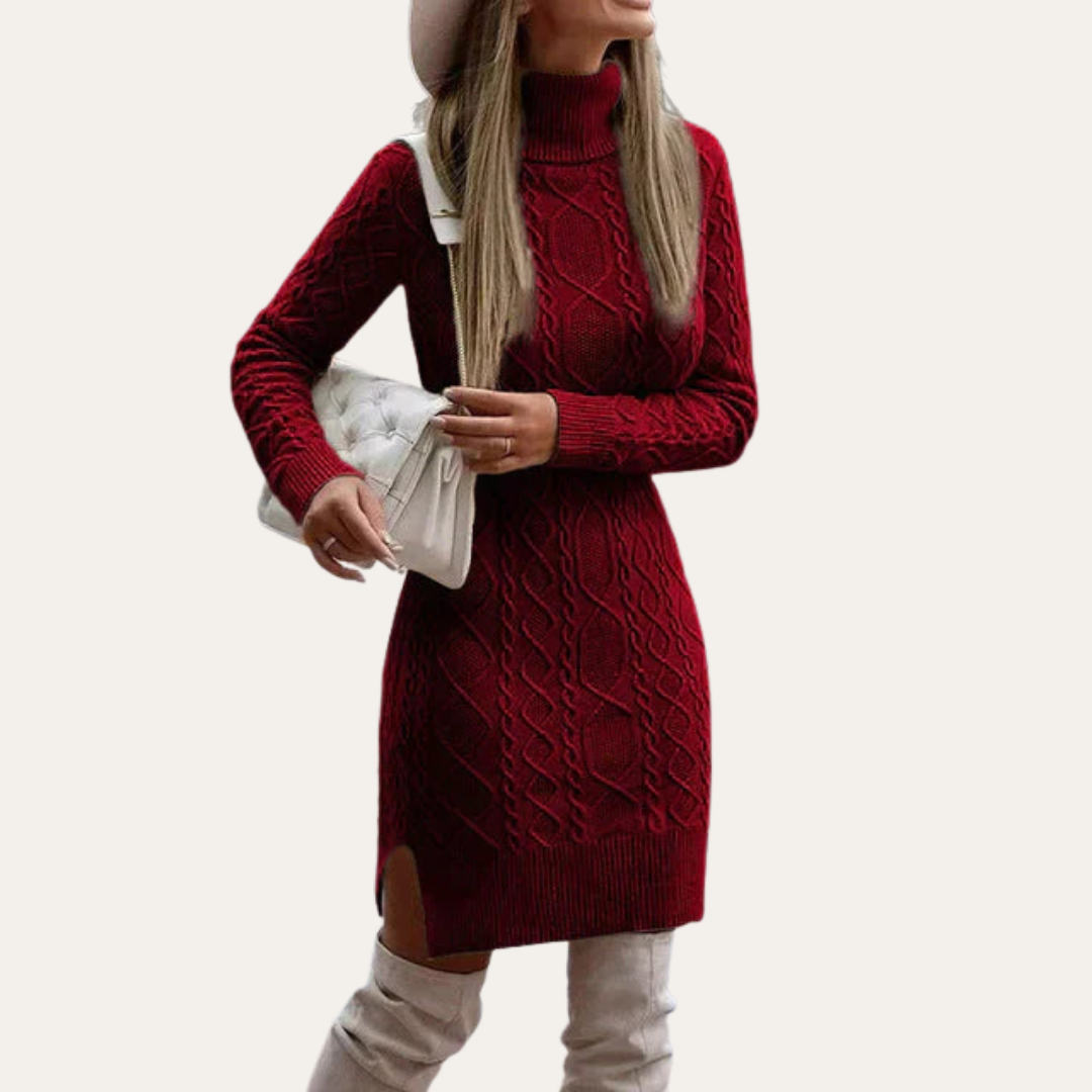 Damen Strickkleid mit Rollkragen und Zopfmuster | Vestea