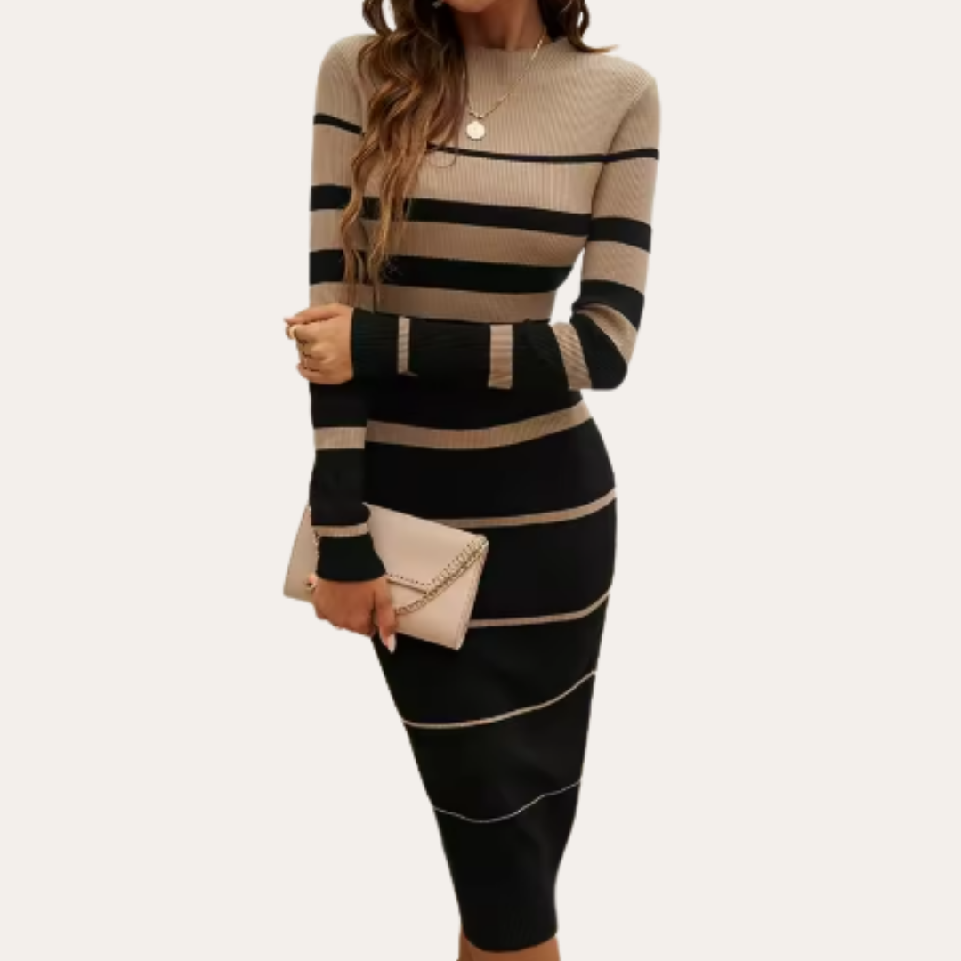 Damen Gestreiftes Langarm Midikleid Figurbetont | Vestea