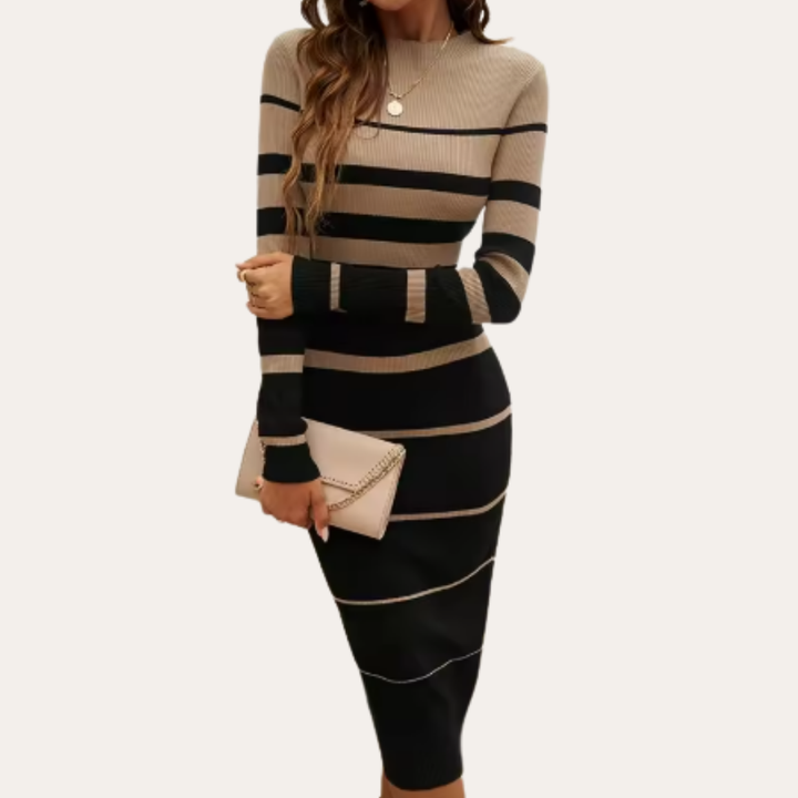 Damen Gestreiftes Langarm Midikleid Figurbetont | Vestea