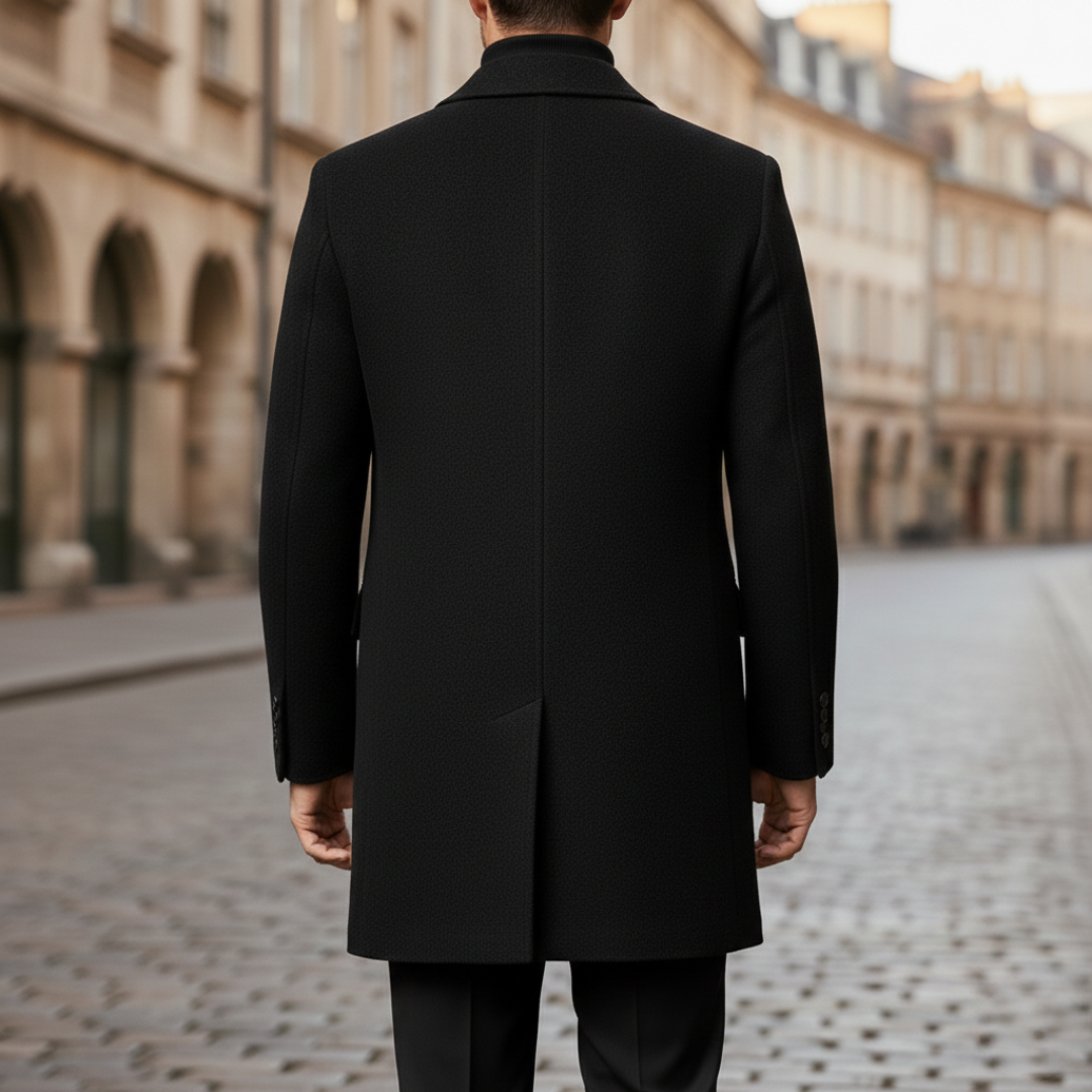 Men's Wool Coat Woven Fabric Knee-Length Black | Vestea