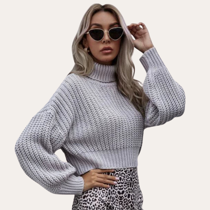 Damen Strickpullover Crop Rollkragen Langarm Grobstrick Acrylmix | Vestea