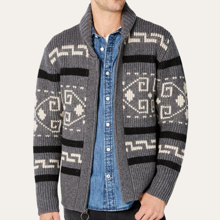 Herren Strickjacke Wollmix Reißverschluss Ethno Muster | Vestea