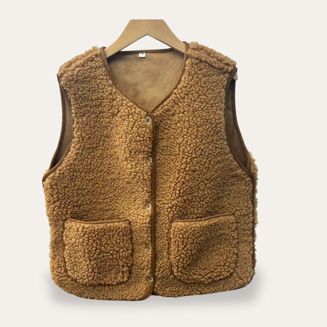 Damen Teddy-Fleece Weste Plüsch Ärmellos Knopfleiste Winter | Vestea