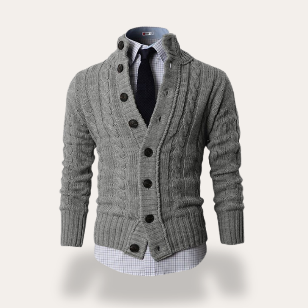 Herren Strickjacke Zopfstrick Wollmix V-Ausschnitt Knopfleiste | Vestea