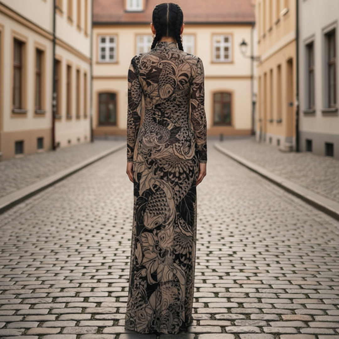 Women’s Tan Graphic Mock Neck Maxi Dress