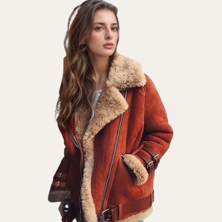 Damen Lammfelljacke Oversized Kunstleder Winterjacke mit Gürtel | Vestea