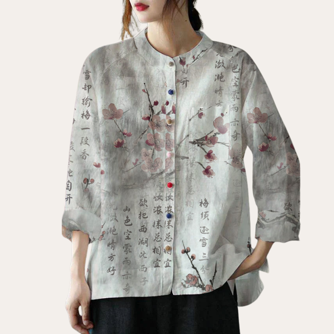 Damen Leinen Bluse mit Muster Langarm Freizeit Hemdkragen Shirt | Vestea