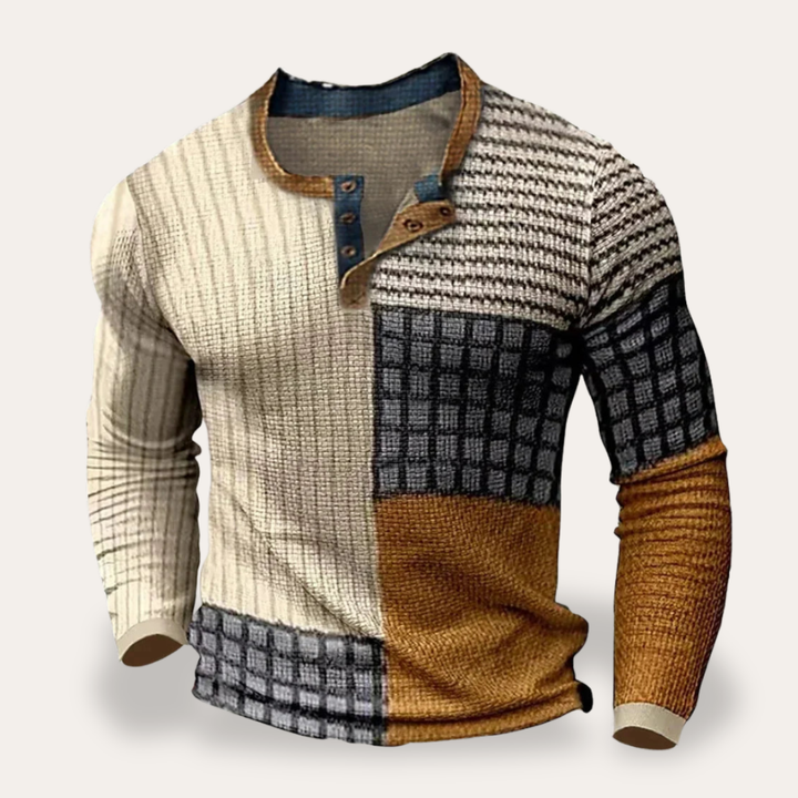 Herren Langarmshirt mit Knopfleiste Patchwork Baumwolle Freizeit | Vestea
