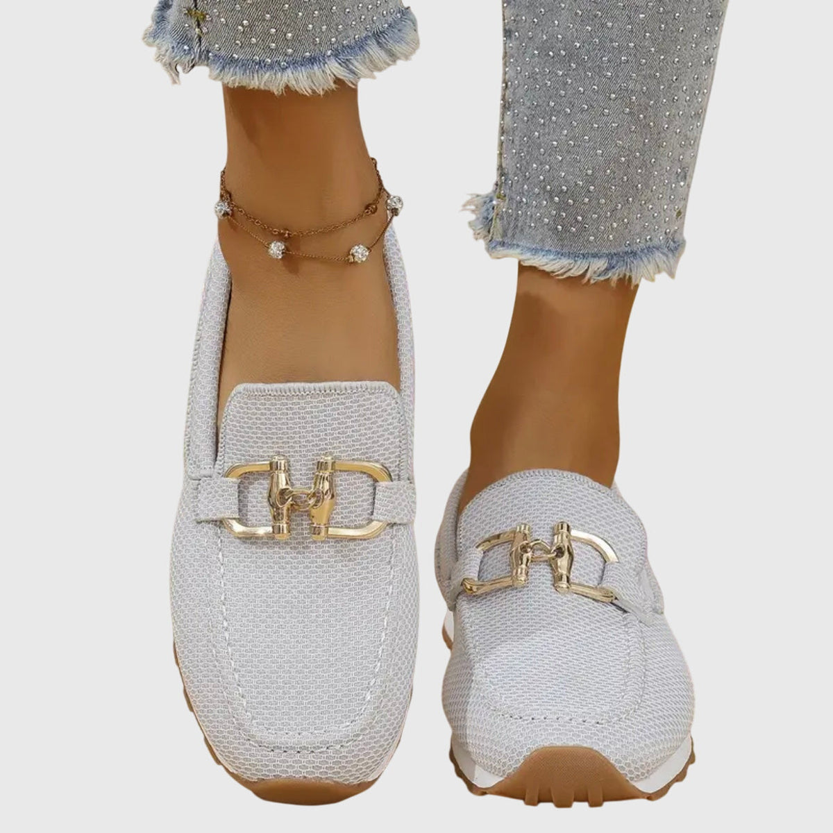Mocassins orthopédiques pour femmes, à enfiler, semelle intérieure rembourrée, semelle extérieure en caoutchouc, détail métallique