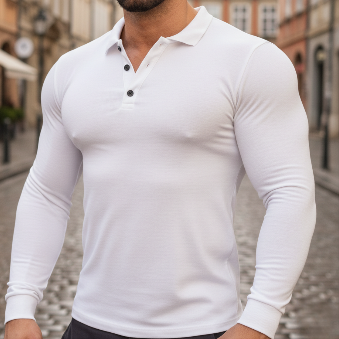 Polo homme à manches longues en polyester, coton et tissu extensible, vêtement d'automne