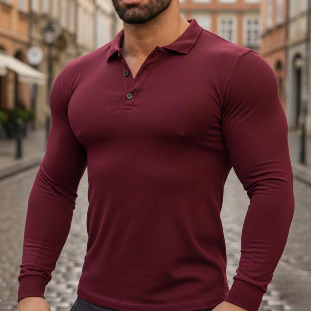 Polo homme à manches longues en polyester, coton et tissu extensible, vêtement d'automne