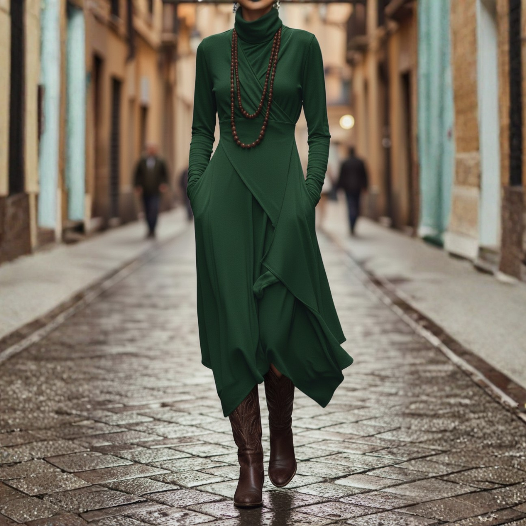 Womens Maxi Dress Asymmetrical Pleated Rayon Long Sleeve