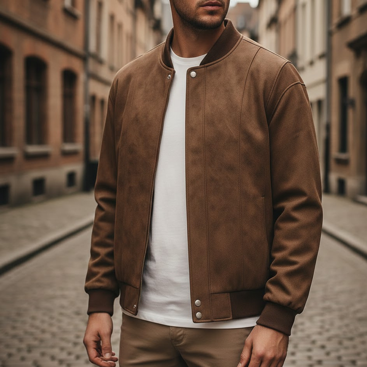 Chaqueta bomber de ante vegano para hombre con cuello acanalado y cremallera
