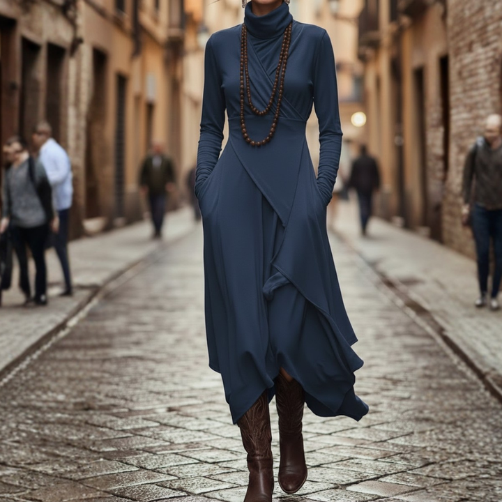 Womens Maxi Dress Asymmetrical Pleated Rayon Long Sleeve