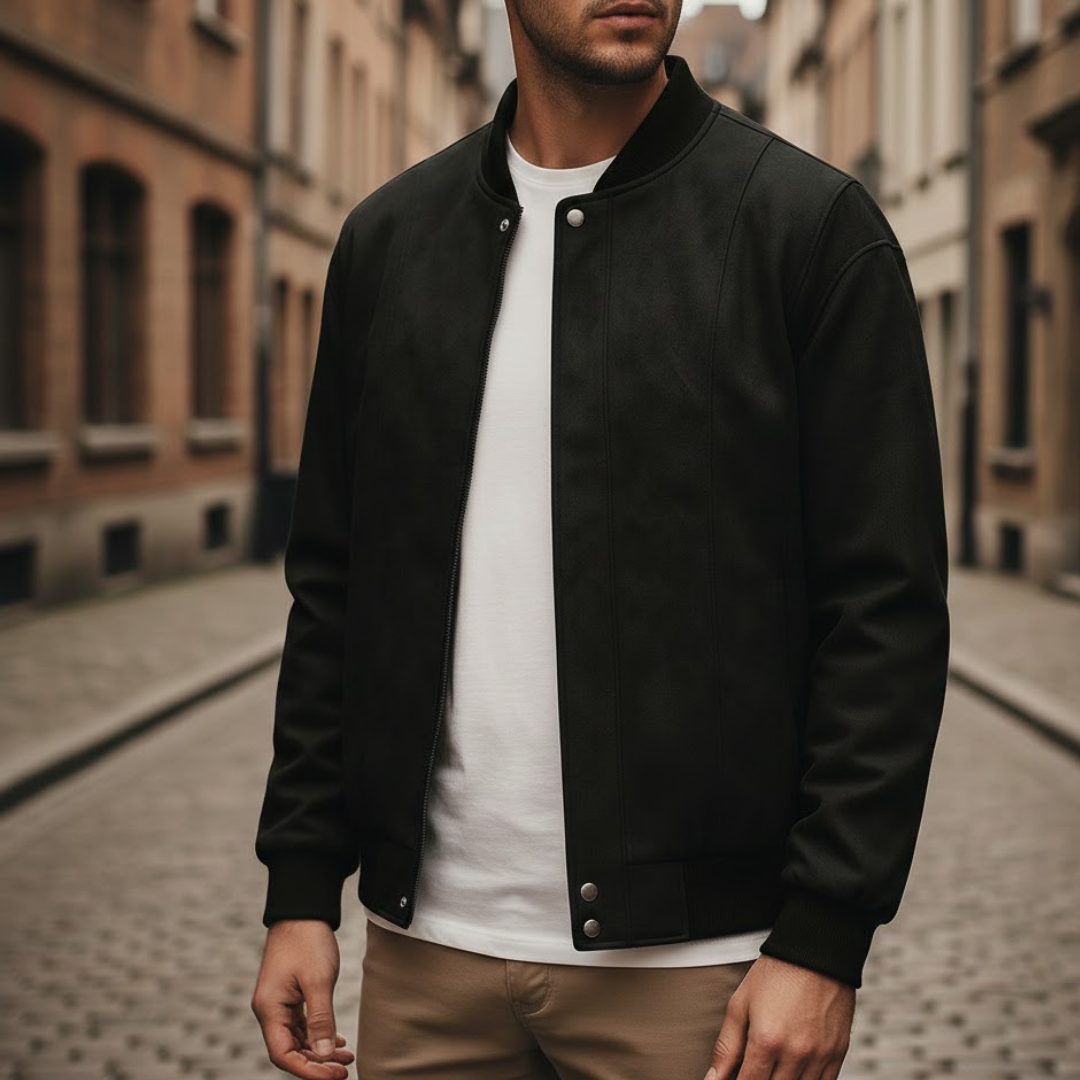 Chaqueta bomber de ante vegano para hombre con cuello acanalado y cremallera