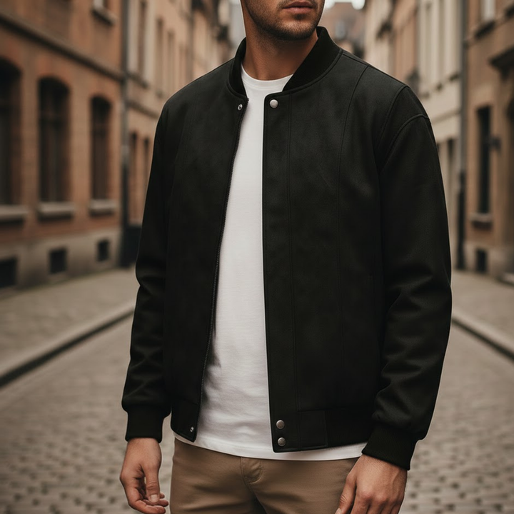 Chaqueta bomber de ante vegano para hombre con cuello acanalado y cremallera