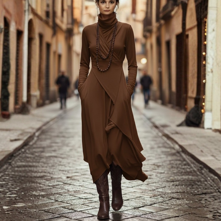 Womens Maxi Dress Asymmetrical Pleated Rayon Long Sleeve