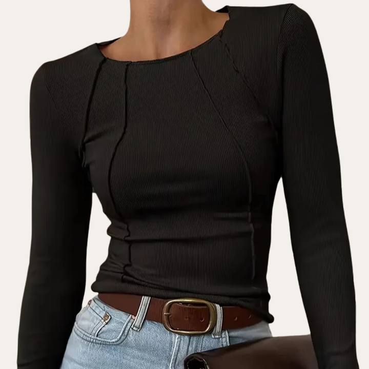 Damen Crop Top Langarm aus Rippmaterial mit Ziernähten | Vestea