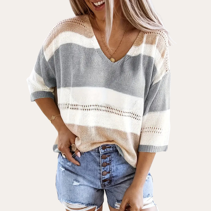 Damen V-Ausschnitt Strickpullover mit Streifenmuster | Vestea