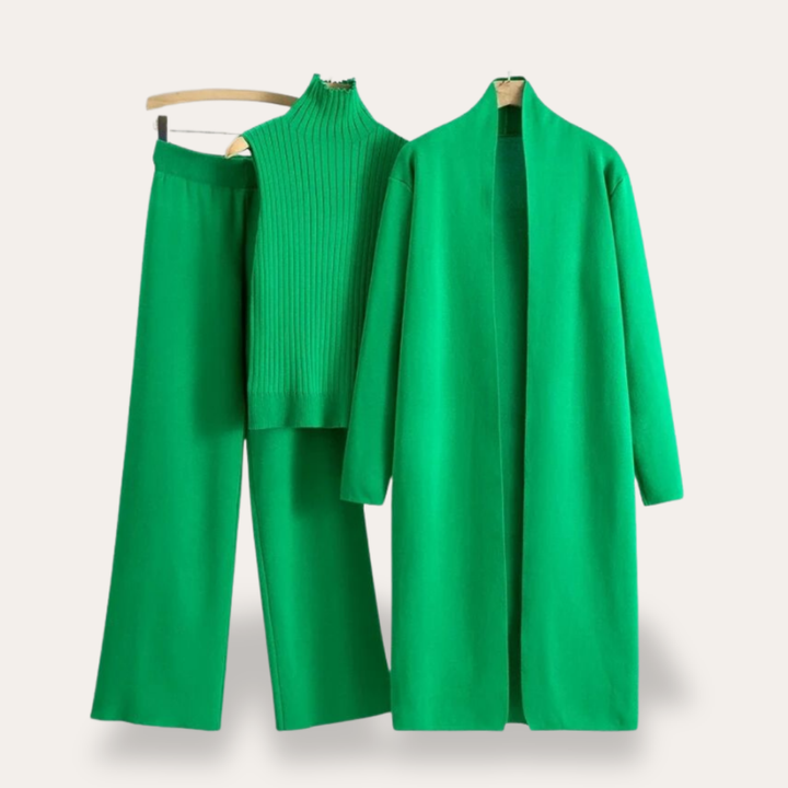 Damen Strick Set 3-teilig mit Mantel aus Feinstrick | Vestea