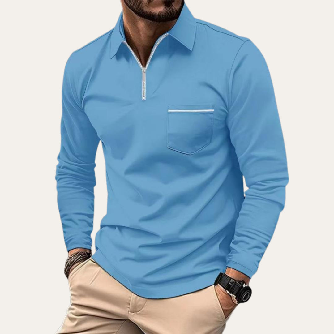 Herren Langarm Poloshirt mit Reißverschluss und Brusttasche | Vestea