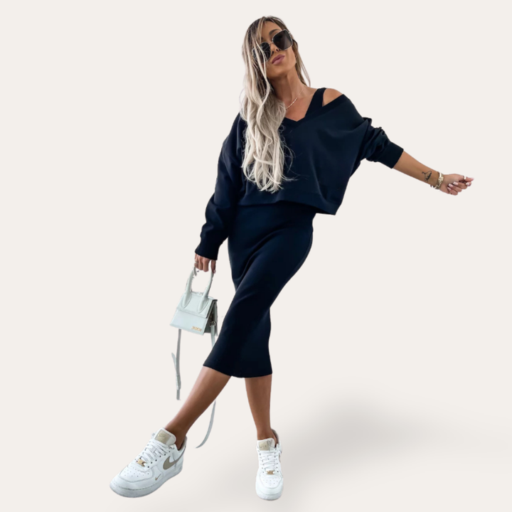 Damen Zweiteiler Langarm Pullover mit Midirock | Vestea