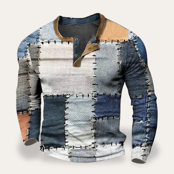 Herren Langarmshirt mit Knopfleiste Patchwork Baumwolle Freizeit | Vestea