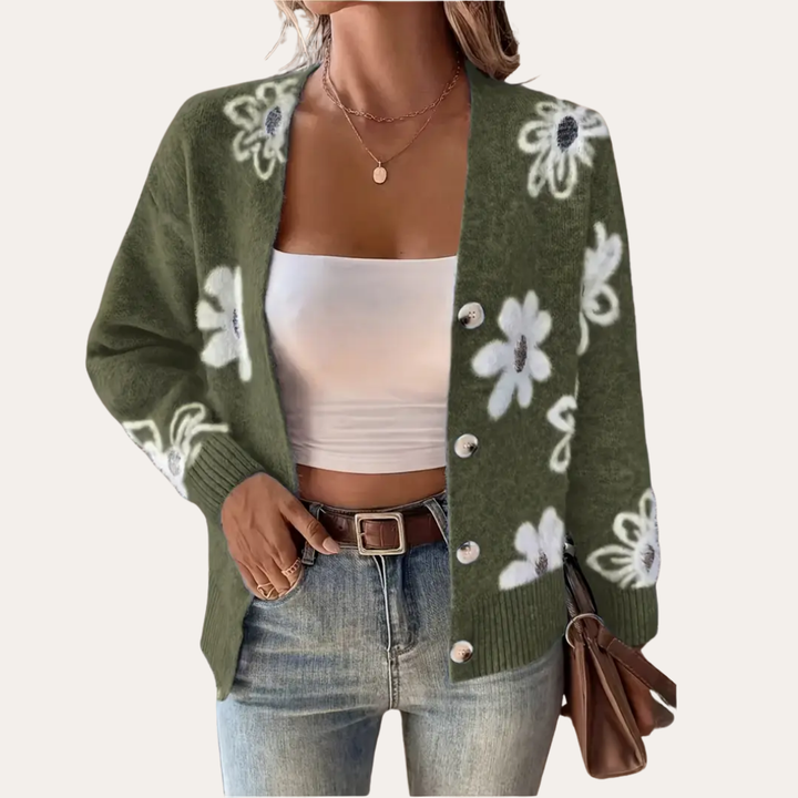 Damen Strickjacke Mixmaterial Blumenmuster | Vestea