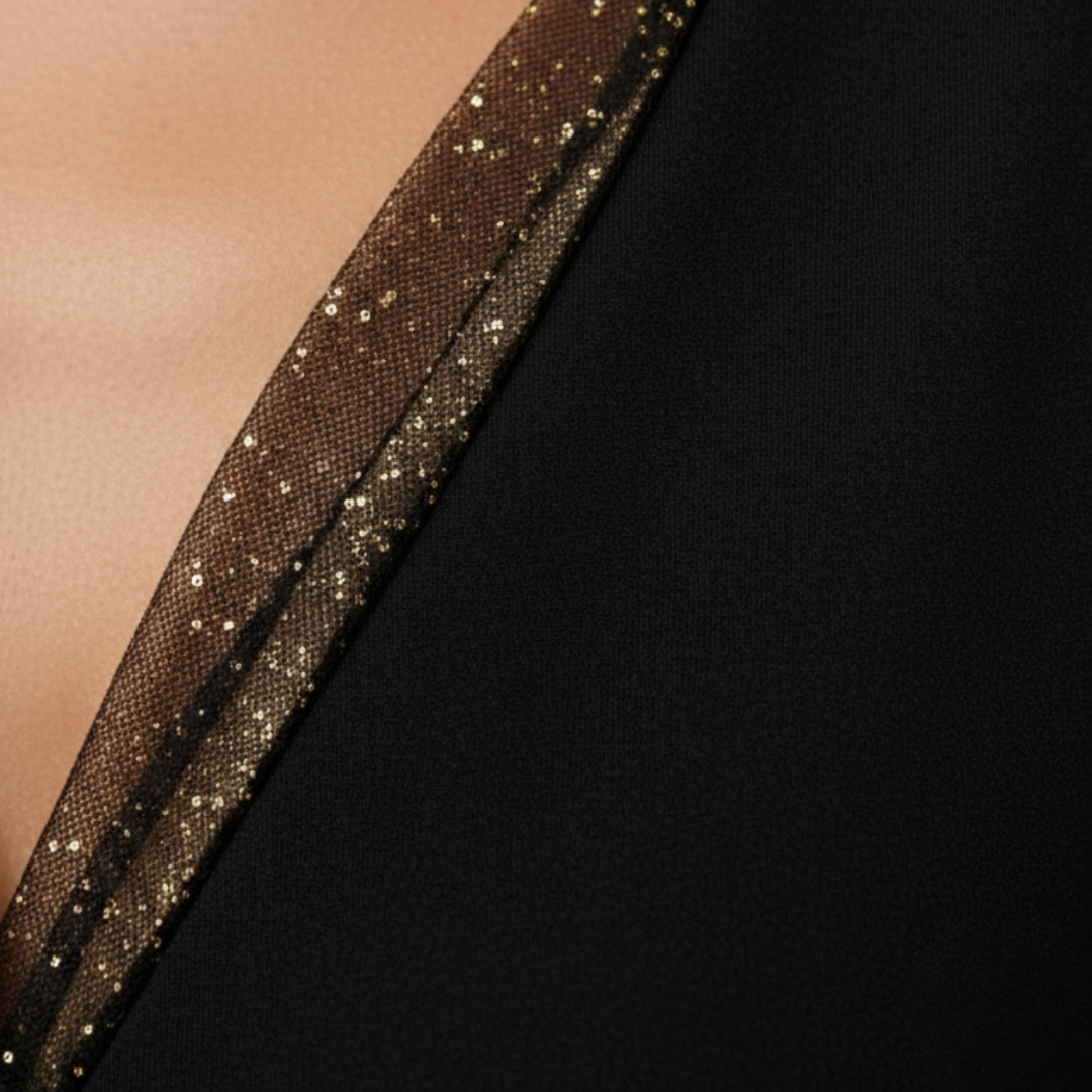 Robe de soirée col en V à manches longues en tulle transparent à paillettes pour femme noire