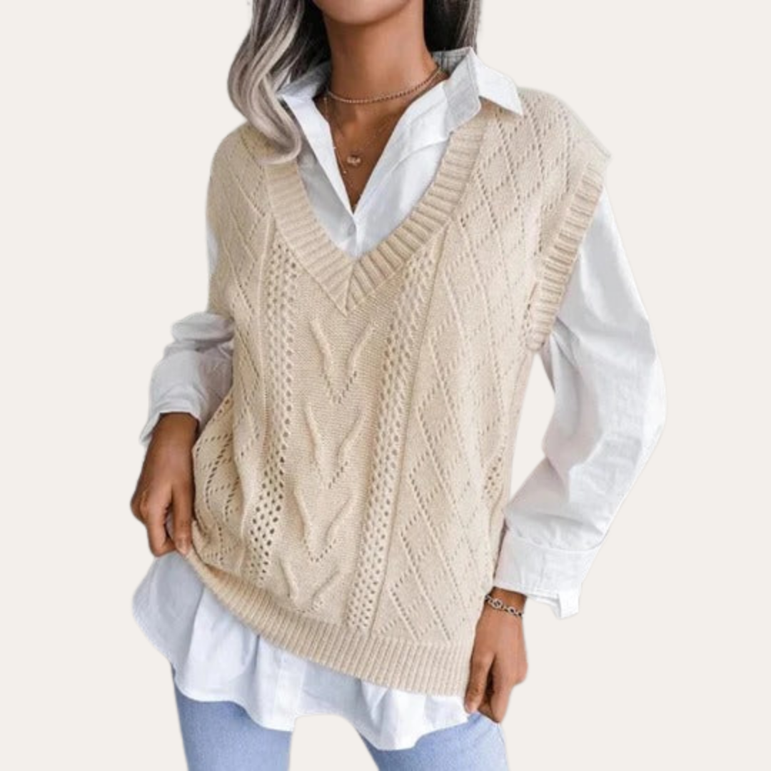 Damen Strick Weste Zopfmuster V-Ausschnitt Ärmellos Pullover Baumwollmix | Vestea